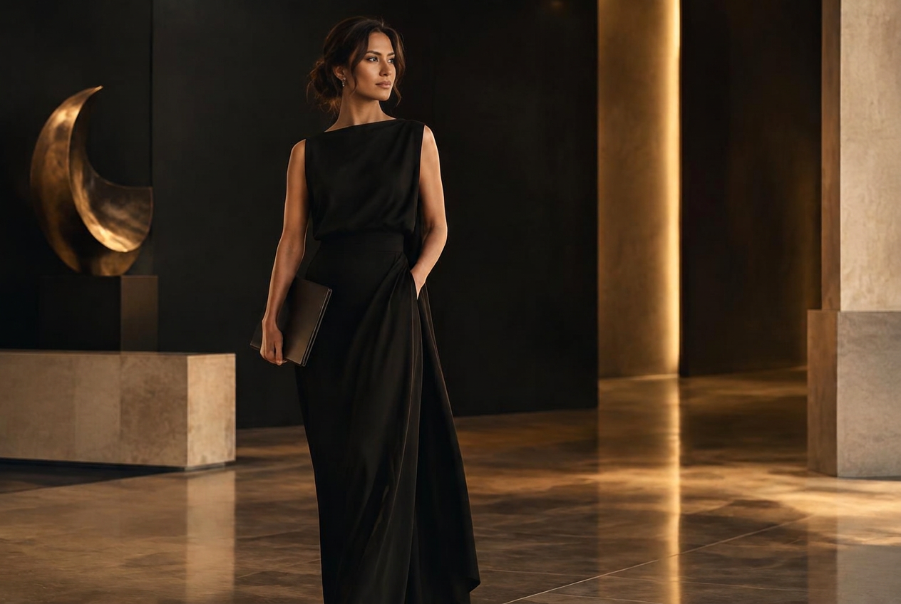 An elegant woman in a black evening gown standing in a gallery