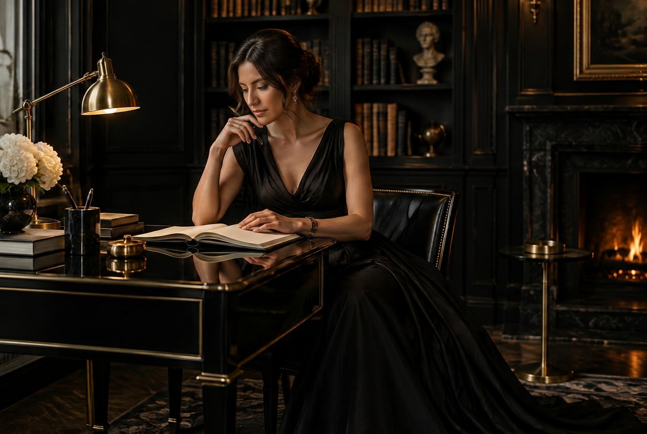 An elegant woman in a black evening gown writing at a desk